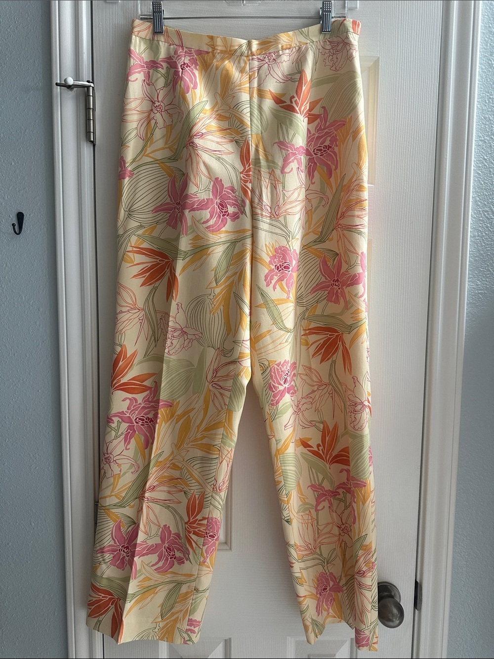 Vintage Butter Yellow Floral Print Wide Leg Silk Pants 12 Coastal Grandma